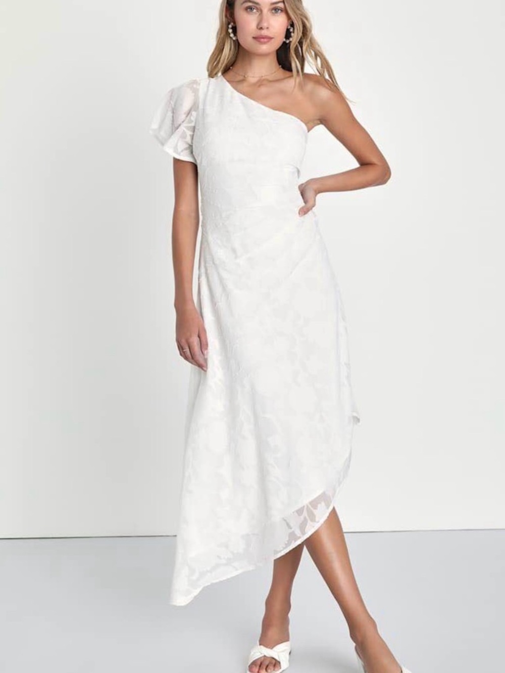 Lulus Radiant Intentions White Floral Pleated One-Shoulder Midi Dress NWT